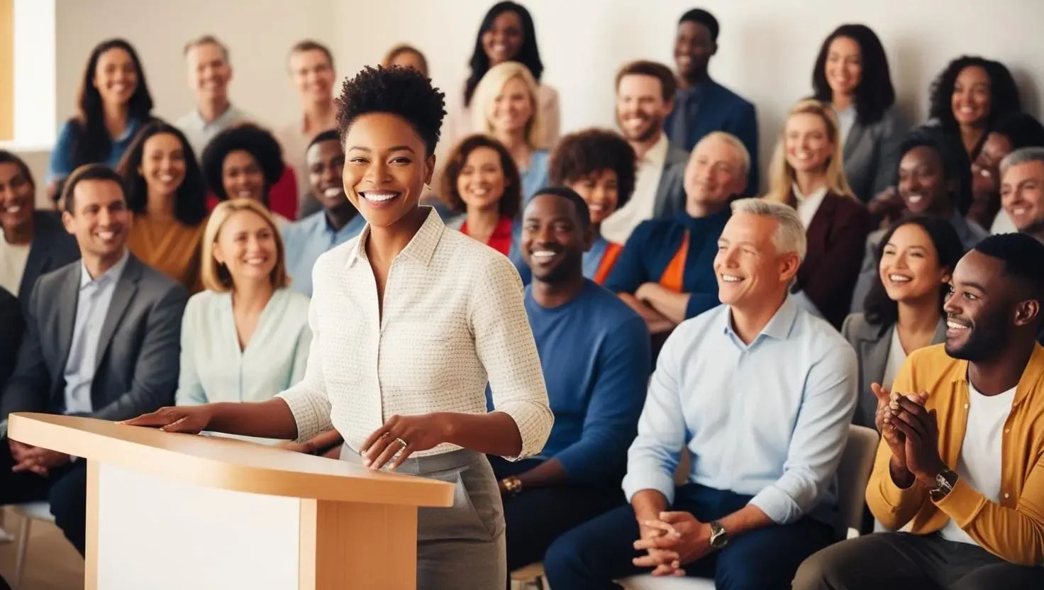 故事行銷,一個人站在講台上簡報,講故事,台下觀眾反應很好