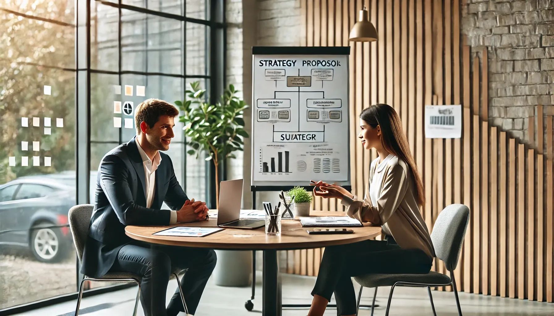 DALL·E    .. A professional discussion scene between a vendor and a customer in a modern office setting. The vendor is presenting a strategy or proposal using a la
