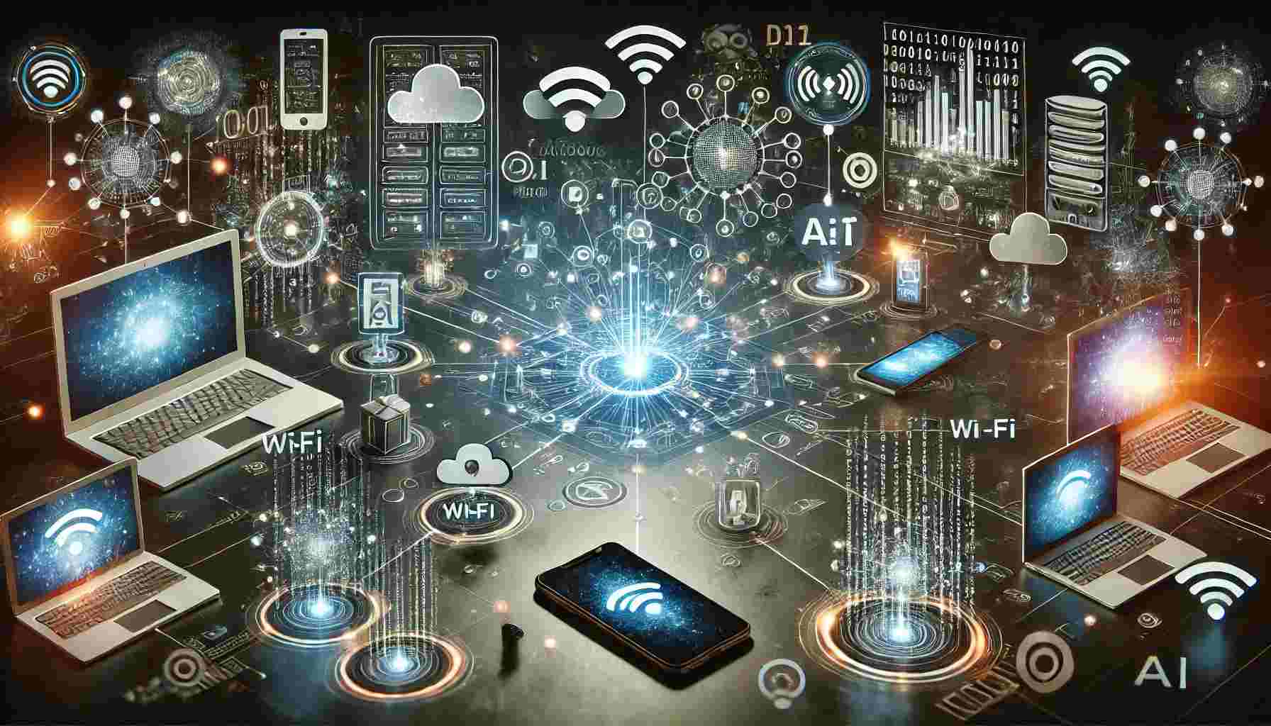 DALL·E    .. A futuristic visualization of interconnected technology. The image shows multiple devices like smartphones laptops cloud servers and AI systems con
