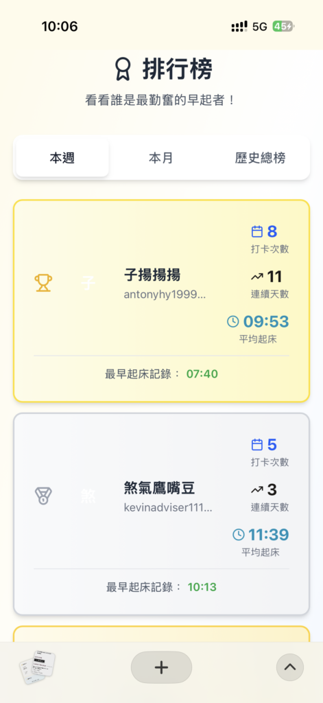 早起打卡排行榜畫面