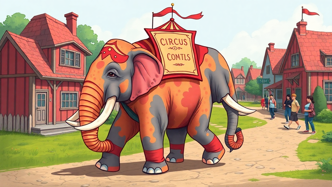 Q D Colorful circus elephant walking in a small town w bfab e3e8 fa b2c5 adedfc9c1d