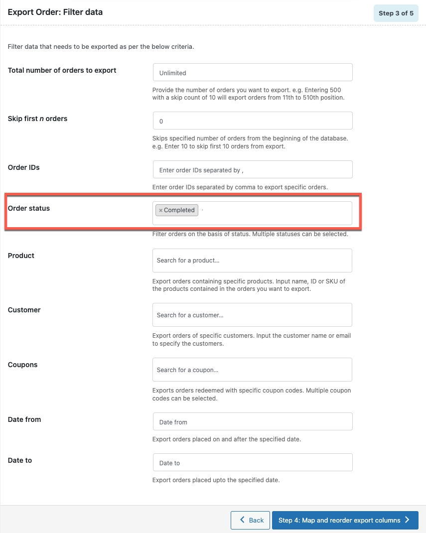 WooCommerce 訂單匯出依訂單狀態篩選設定畫面