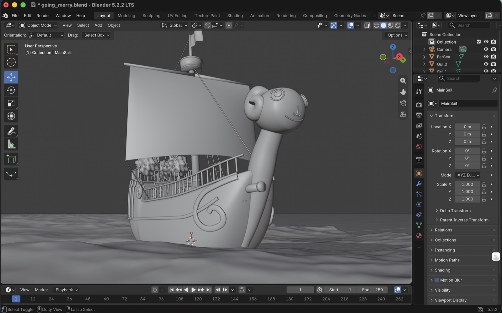 用 Blender 5.2 打開 Claude Code 生成的黃金梅利號場景檔，可以自由轉視角與手動修改模型