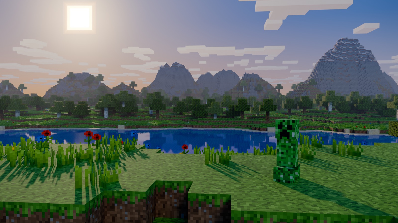 Claude Code 用 Blender 程序化生成的 Minecraft 風格方塊地形，有湖、樹林、方塊雲與苦力怕
