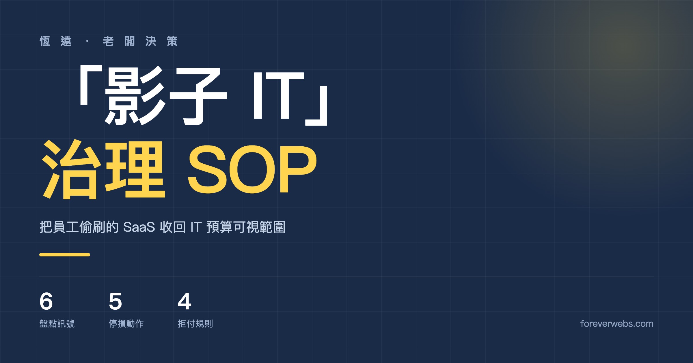 中小企業老闆「影子 IT」全公司治理完整 SOP:六個盤點訊號、五條停損動作、四條跨部門報銷拒付規則,把員工偷刷的 SaaS 收回 IT 預算可視範圍 封面圖