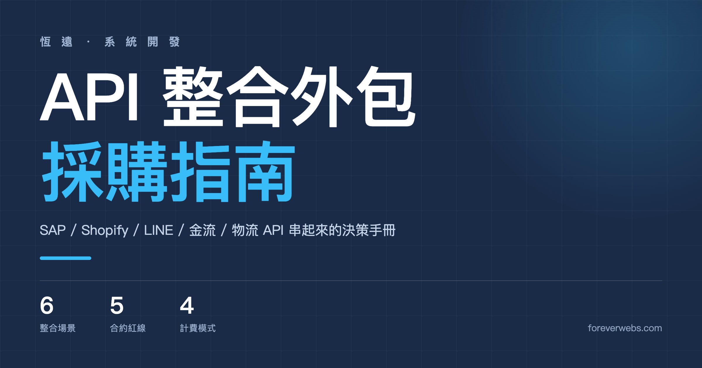 企業 API 整合外包採購完整指南:6 種常見場景、5 條合約紅線、4 種計費模式踩雷,中小企業老闆讓 SAP / Shopify / LINE / 金流 / 物流 API 串起來的決策手冊 封面圖