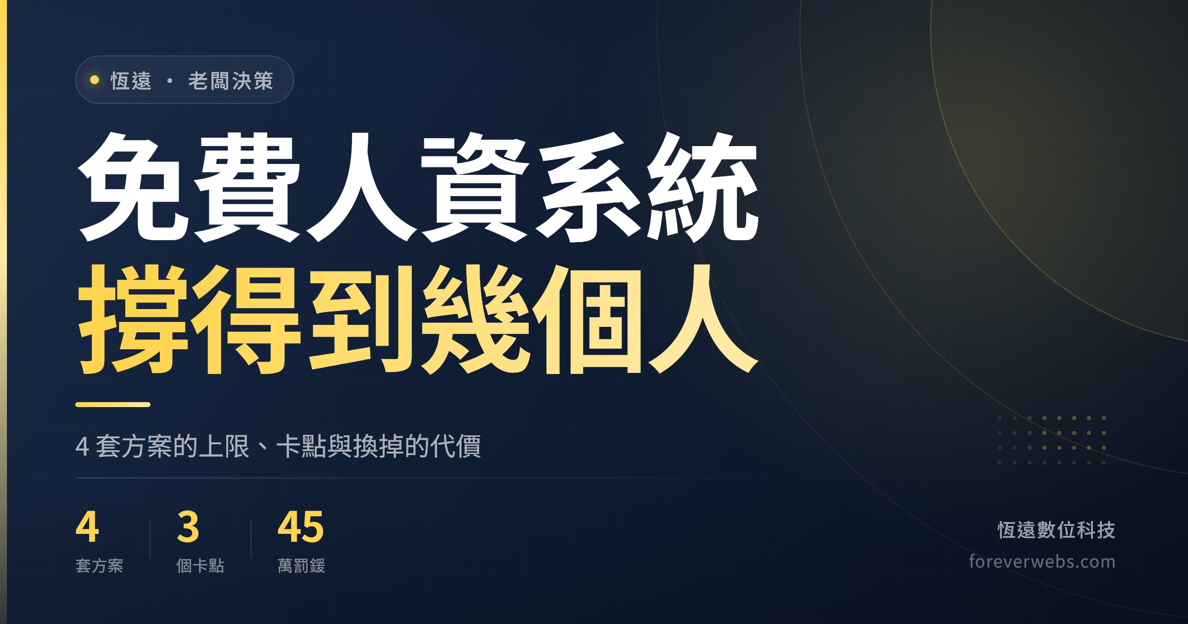 免費人資系統真實成本的文章封面，深藍底金色標題「免費人資系統 撐得到幾個人」