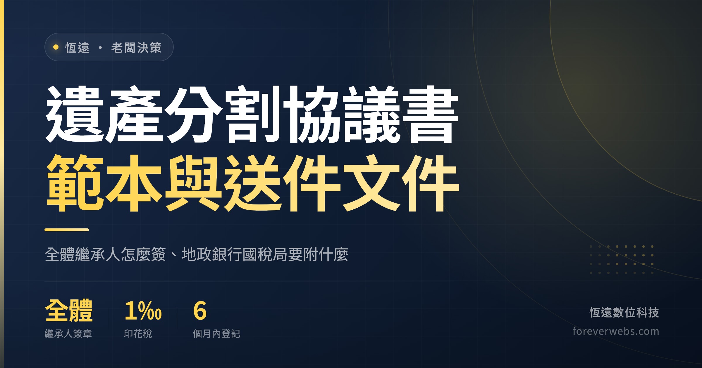遺產分割協議書範本與送件文件封面：全體繼承人簽章、印花稅千分之一、繼承登記六個月期限
