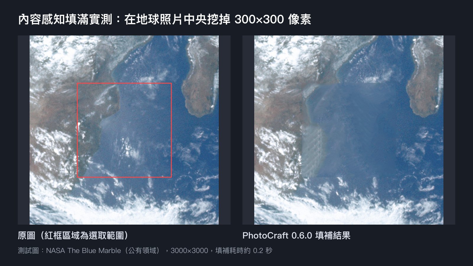 PhotoCraft 內容感知填滿前後對照,填補區塊出現模糊與重複紋理