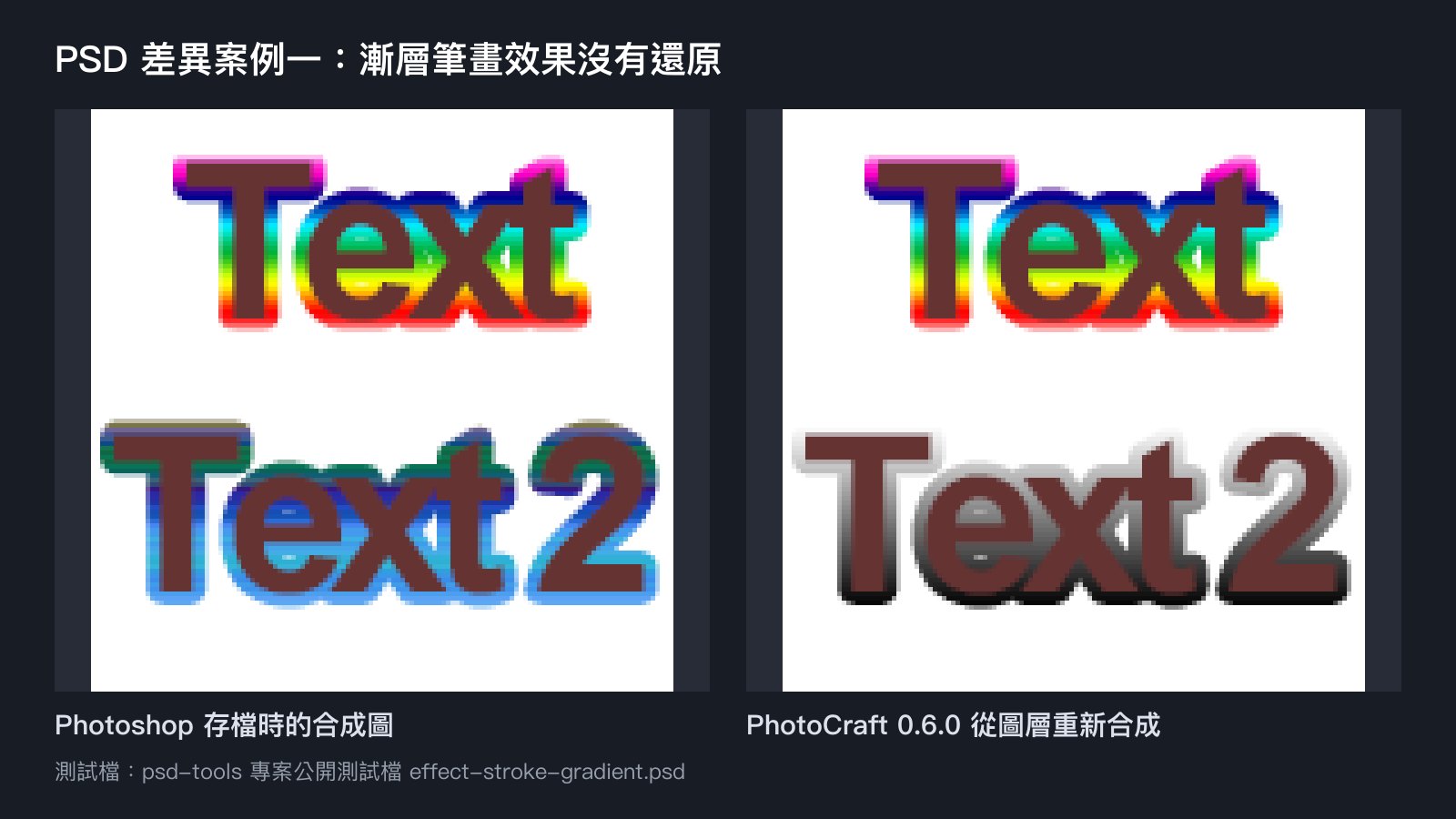 PSD 比對差異案例,第二行文字的漸層筆畫效果在 PhotoCraft 變成灰色