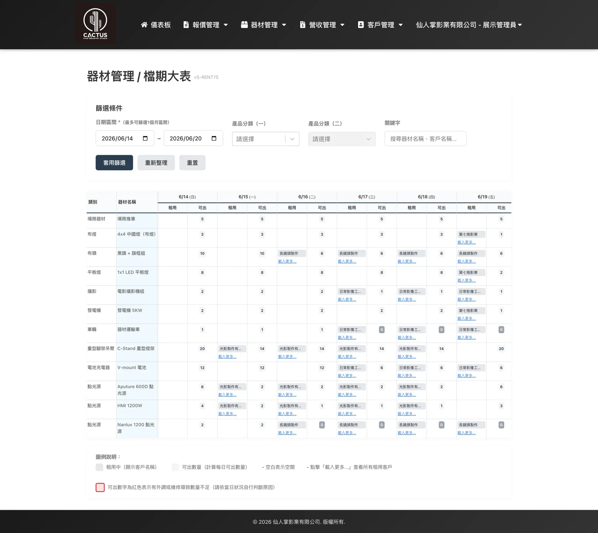 影視器材租賃與檔期系統