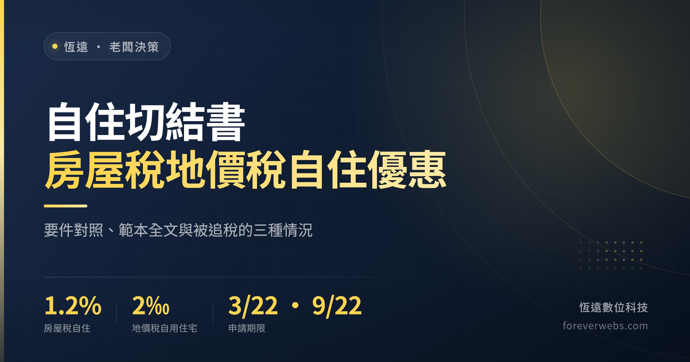 自住切結書封面：房屋稅自住 1.2%、地價稅自用住宅千分之二與申請期限 3/22、9/22