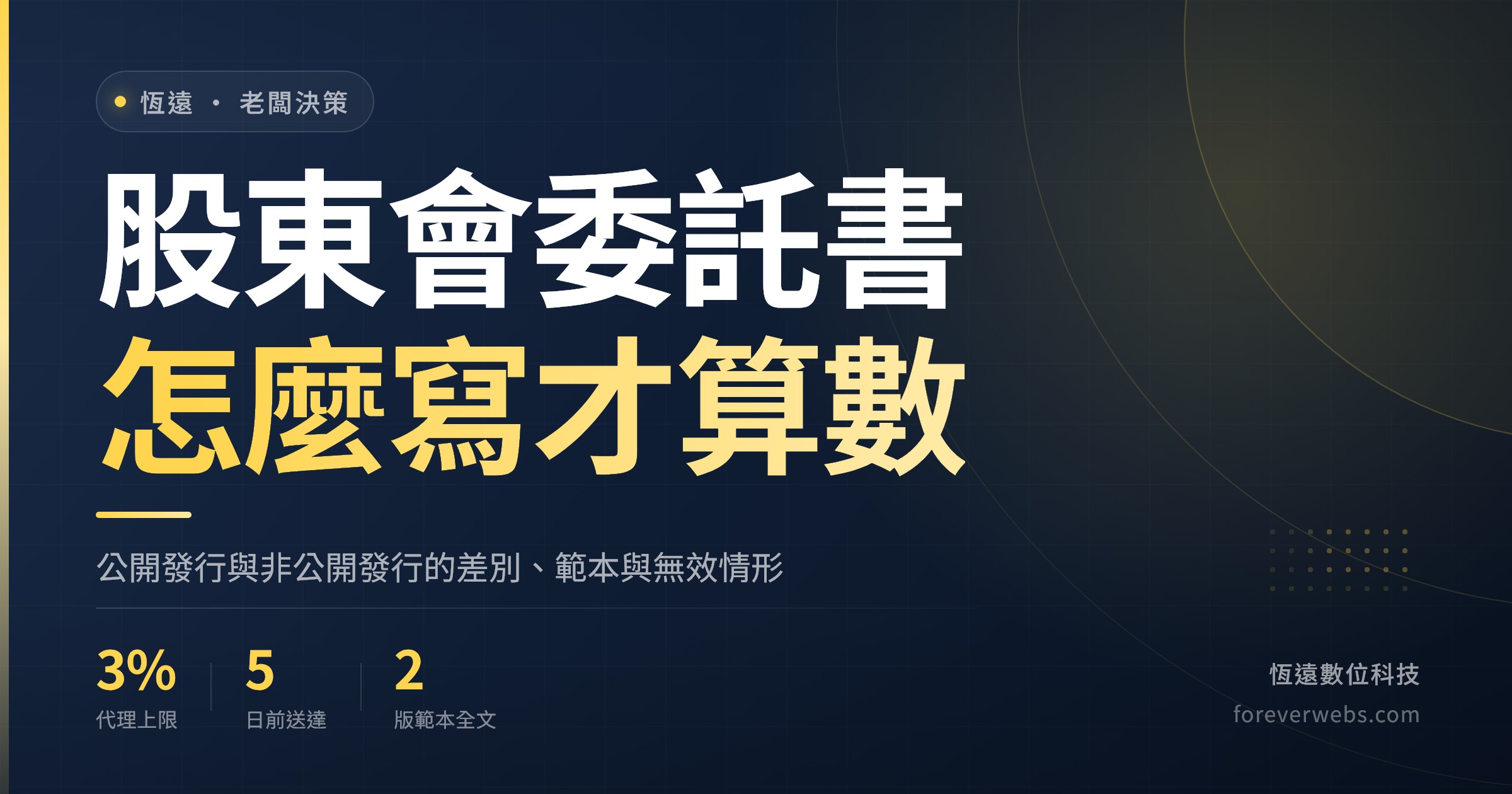 股東會委託書怎麼寫才算數:公開發行與非公開發行公司的差別、範本與無效情形封面,標示 3% 代理上限與開會 5 日前送達